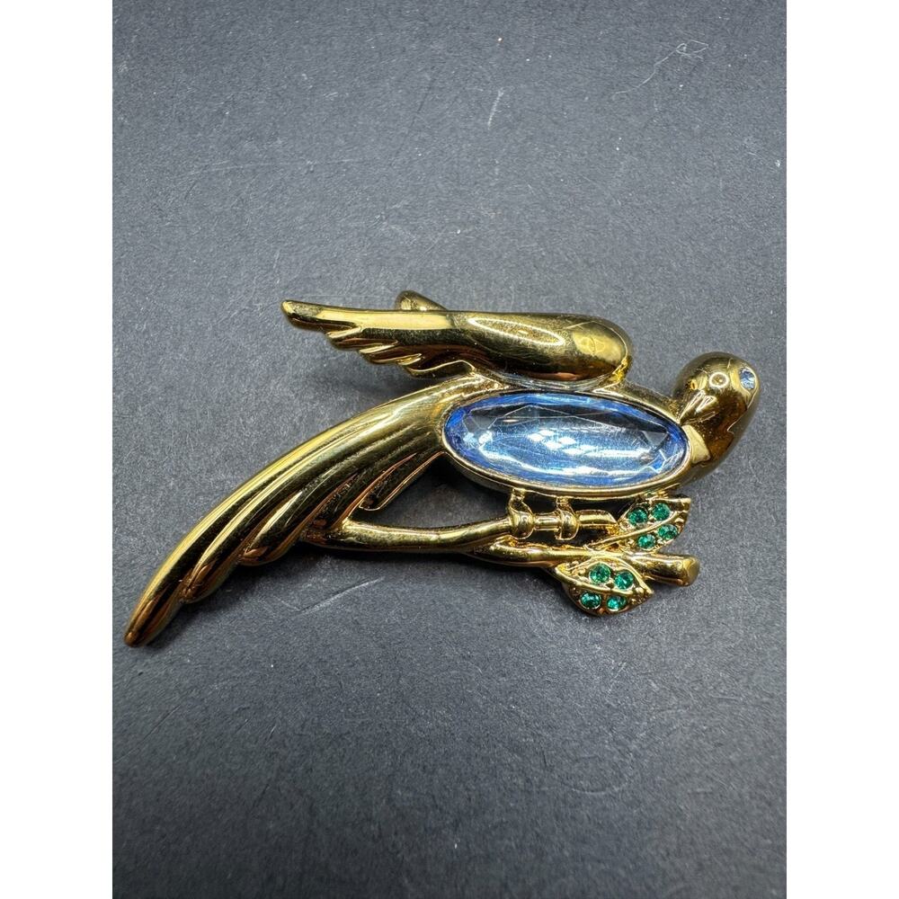 Vtg Monet Signed Blue Glass Jelly Belly & Green Rhinestone Bird Brooch Gold Tone